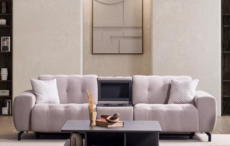 Sofa 3 Sitzer mit Konsole Design Polster Modern Textil Stoff Dreisitzer Couch