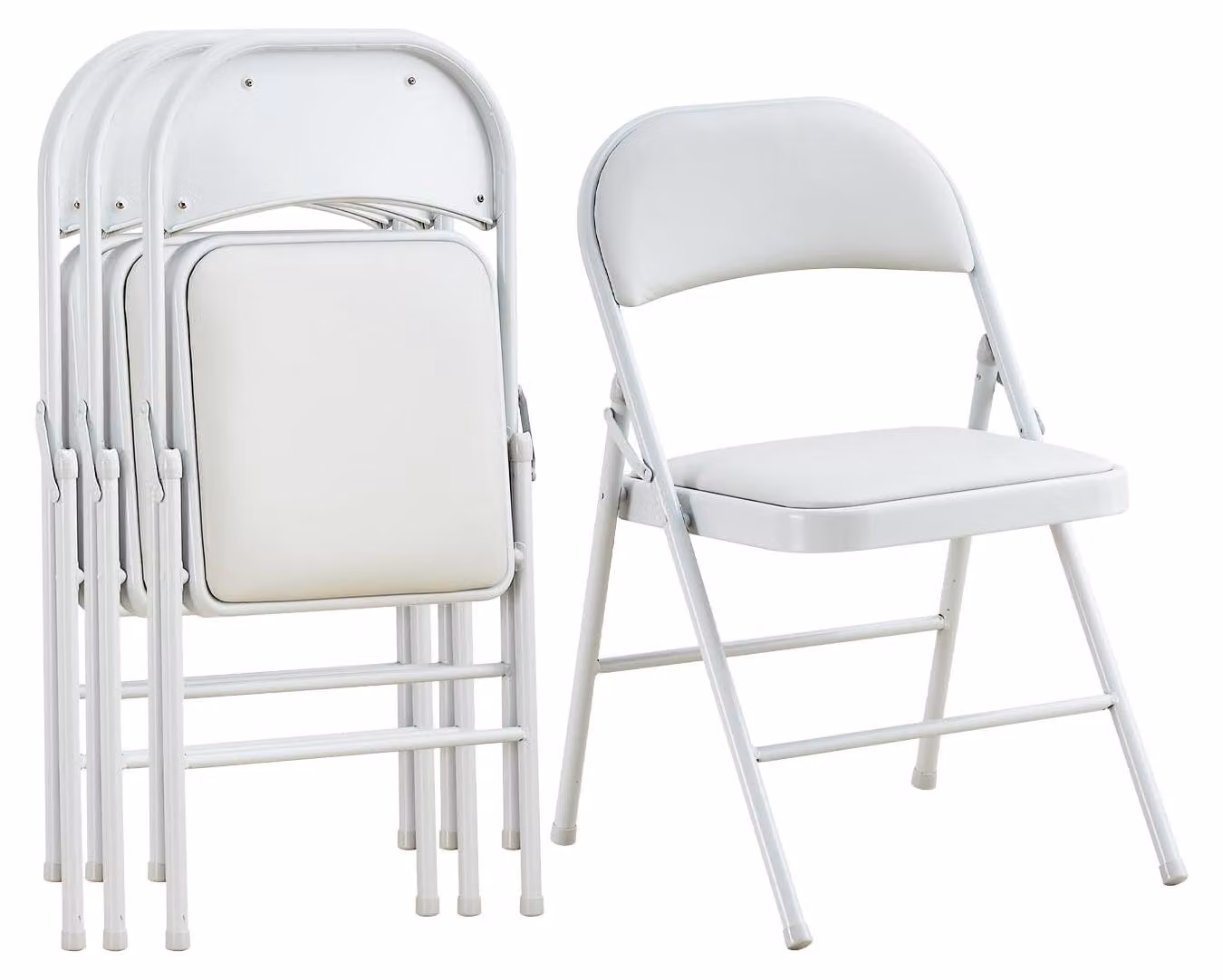 Set di 4 sedie pieghevoli in vinile, colore bianco, struttura in metallo, capacità massima di 136 kg