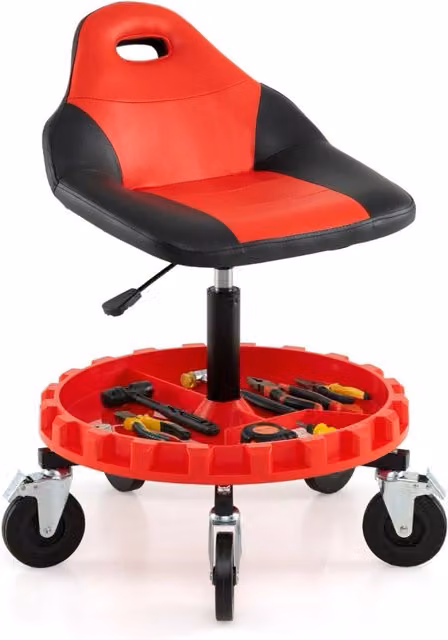Sgabello da officina girevole Design Mania con vassoio porta attrezzi e altezza regolabile, nero e rosso