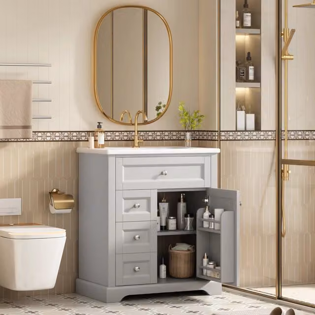 Mobile lavabo da bagno WISHDOR grigio con lavabo in ceramica, design moderno, L: 76 cm, P: 46 cm, H: 87 cm