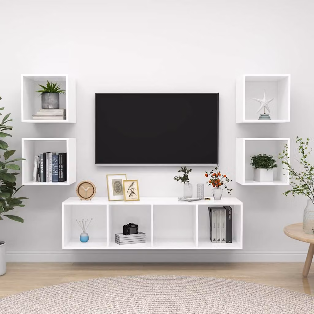 Set di mobili porta TV vidaXL in 5 pezzi bianco in legno e MDF con design minimalista e montaggio a parete