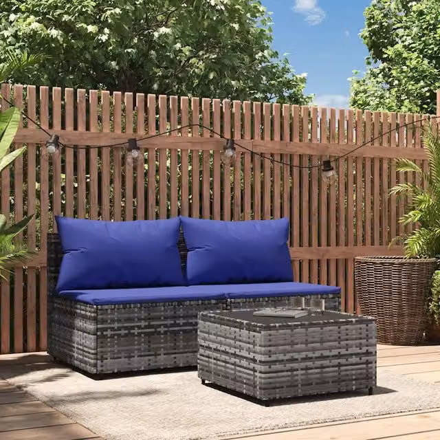 Set da giardino moderno vidaXL composto da divano a 2 posti e tavolino con cuscini in tessuto blu e struttura in metallo grigio – 1