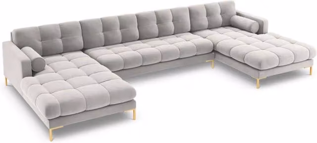 Divano panoramico Bali da 7 posti Cosmopolitan Design in velluto argento con forma a L e struttura in metallo