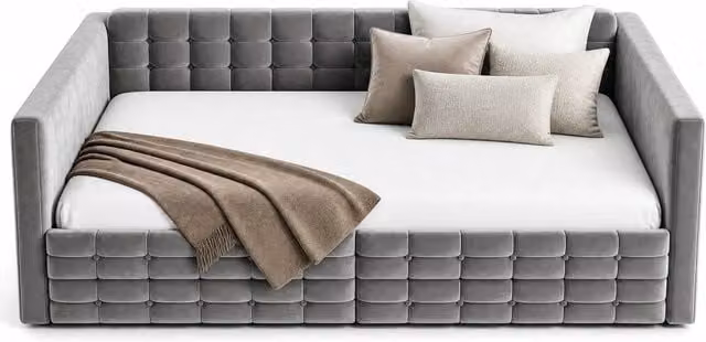 Letto Divano 2 posti con 2 cassetti e 4 tasche portaoggetti in velluto grigio L/P/H: 140 x 190 cm – 1