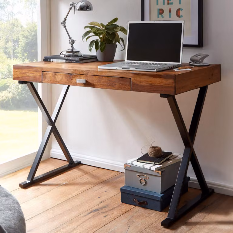 FineBuy Scrivania 120x55x78 cm in legno massello di sheesham / metallo nero - Scrivania da ufficio di design con cassetto - Scrivania per home office, laptop e computer con spazio contenitivo
