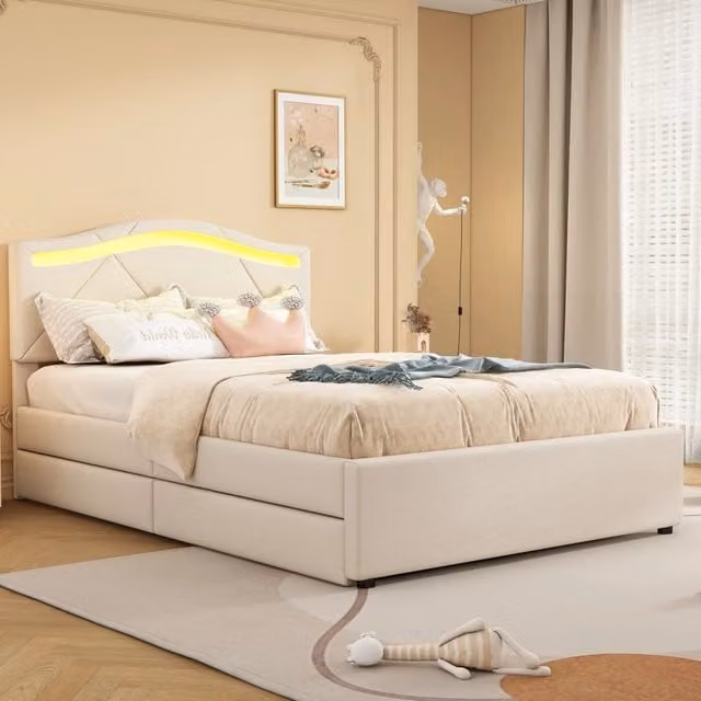 Letto imbottito KOMHTOM in lino beige con cassetti L/P/H: 200 x 90 x 108,5 cm