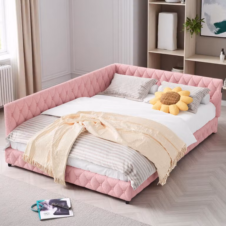 Letto 140x200 cm in tessuto rosa con illuminazione LED a 360° e porte USB integrate, design moderno e accogliente