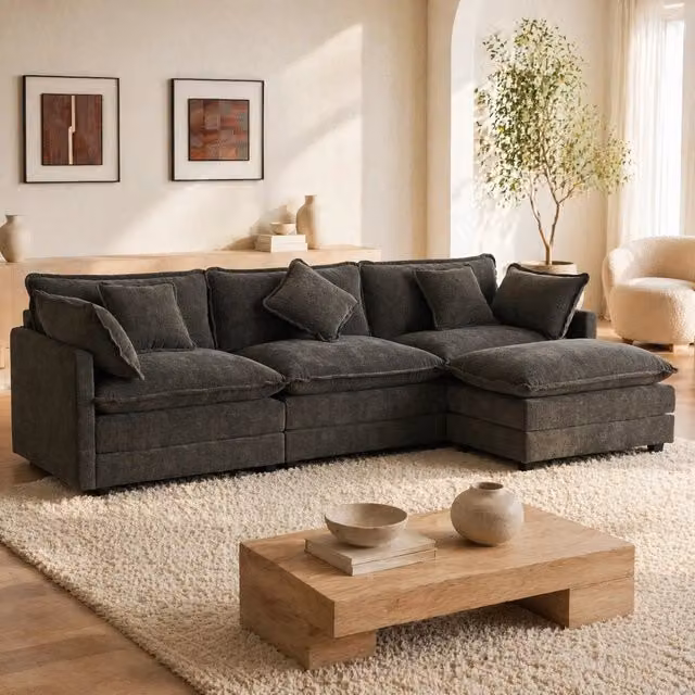 Divano 3 posti con pouf componibile in ciniglia grigio scuro; chaise longue a L HOMVRA