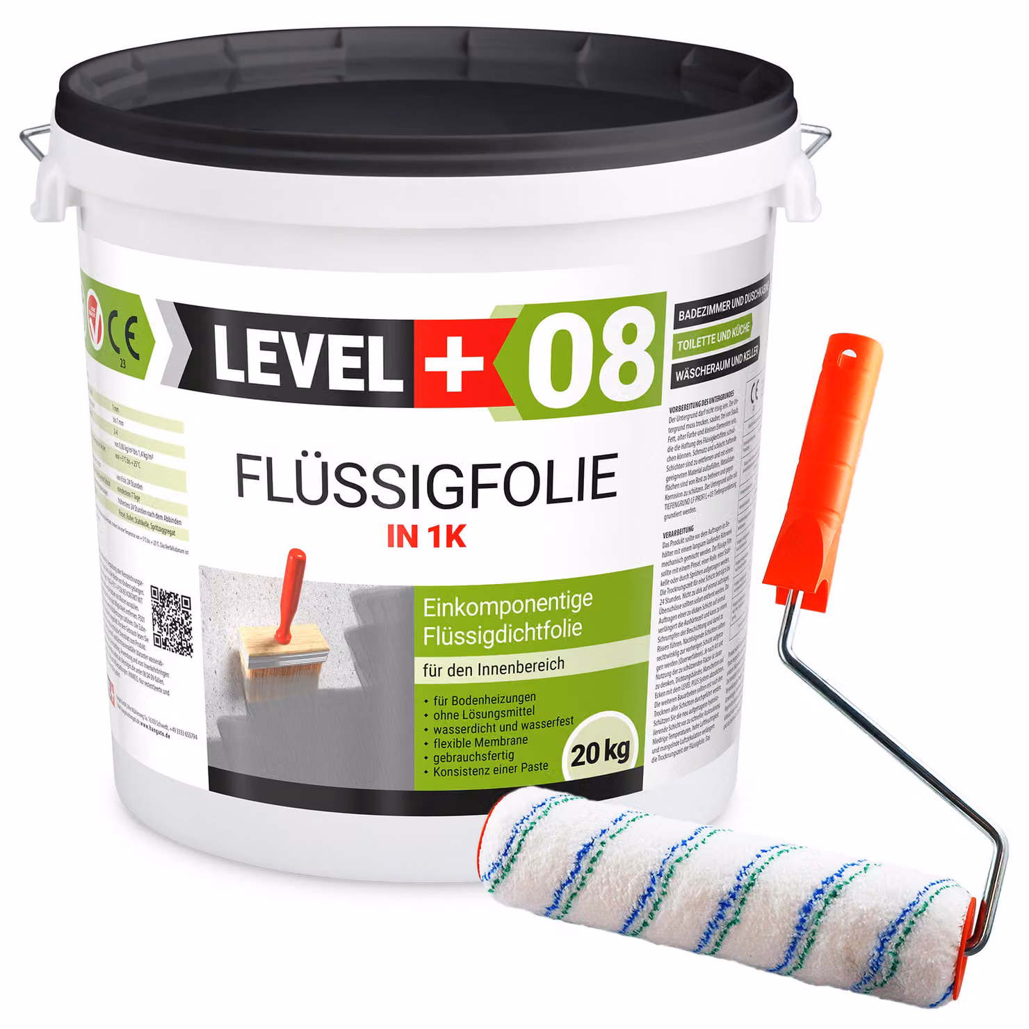 Set rullo da pittura 25 cm + membrana liquida flessibile per impermeabilizzazione interni 20 kg L+08