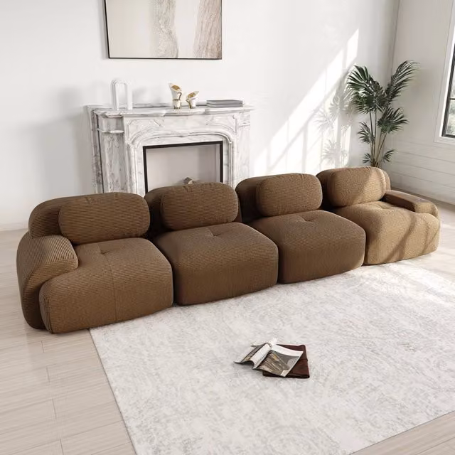 Divano 4 posti in velluto a coste marrone, divano modulare senza struttura, 388 x 103 x 70 cm, imbottitura 32D
