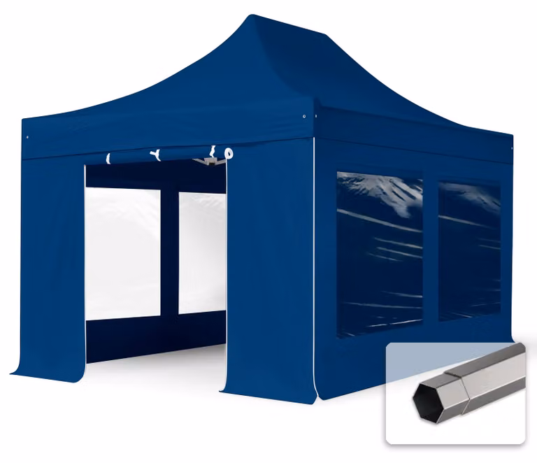 TOOLPORT 3x4,5m gazebo pieghevole con laterali (finestre panoramiche), PREMIUM acciaio, blu scuro