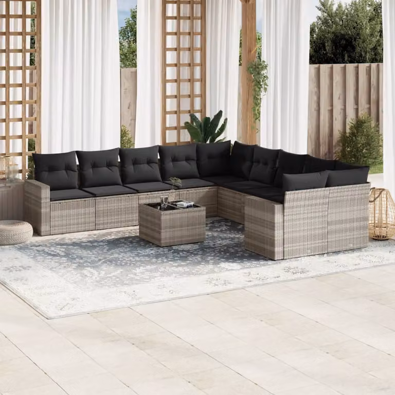 vidaXL Set Divani da Giardino 11 pz in Polyrattan Grigio con Cuscini e Tavolino