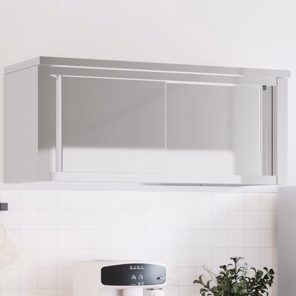 Mobile Cucina da Parete vidaXL con Ante Scorrevoli in Acciaio Inox e Vetro, Colore Argento, L: 110 cm, H: 46 cm, P: 40 cm