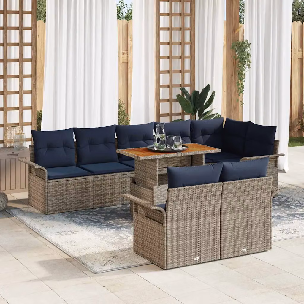 Set Divano da Giardino vidaXL 9 pz in Polyrattan con Forma a L, Colore Grigio e Blu Navy