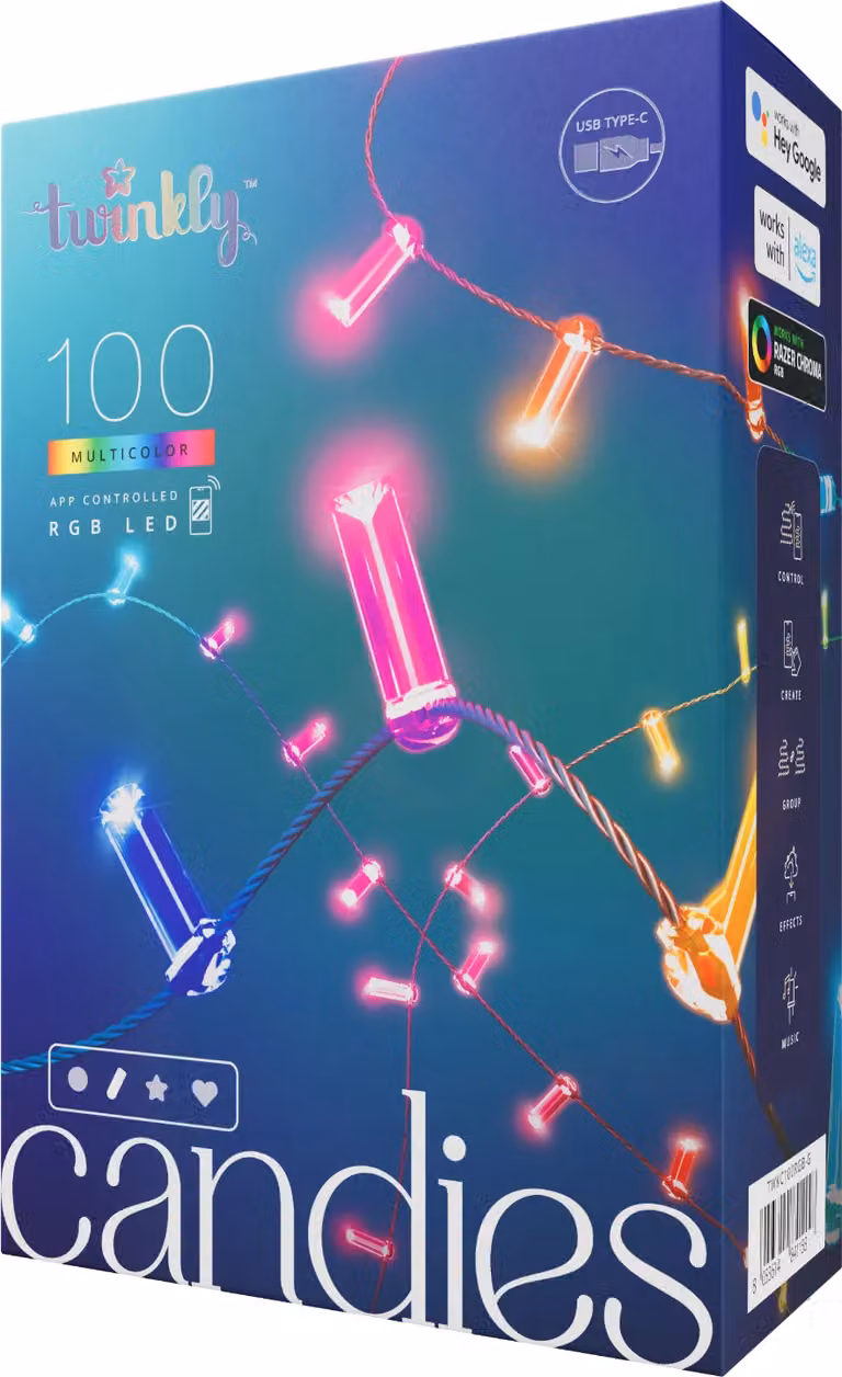 Twinkly Candies – 100 Candle-Shaped RGB LED Lights. Green Cable. USB-C