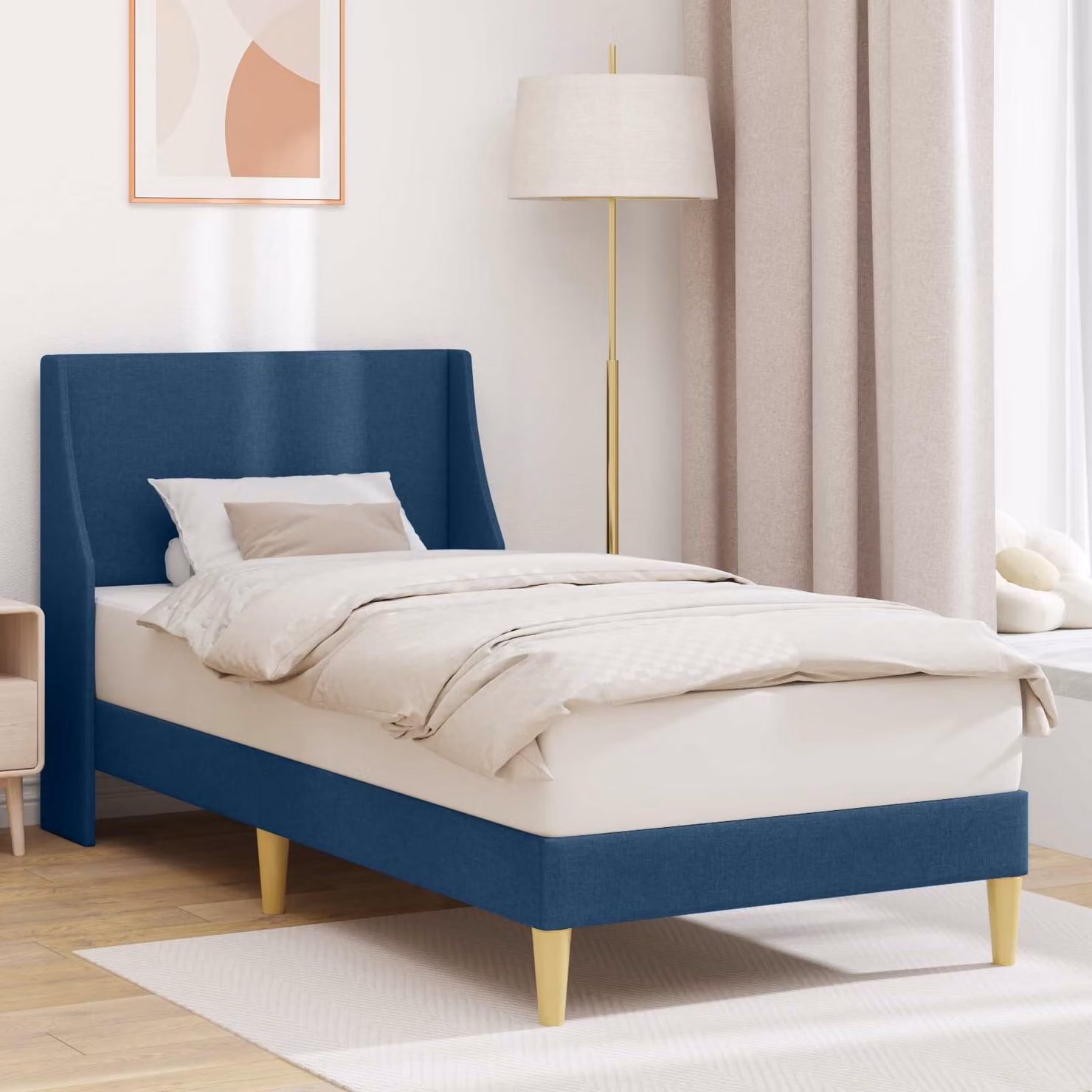 Struttura del letto moderna vidaXL in tessuto blu con doghe in legno L: 100 cm, P: 200 cm, H: 104 cm