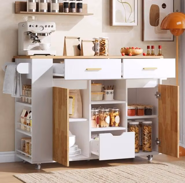 Isola cucina mobile con piano pieghevole; 3 cassetti; ripiani laterali e ruote bloccabili; 120x45(71)x90 cm