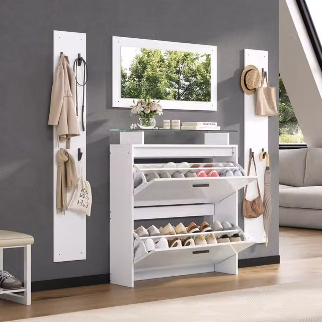 Set guardaroba da ingresso WISHDOR 4 pezzi moderno bianco lucido con specchio, scarpiera a 2 ante ribaltabili e ripiani in vetro, H: 140 x L: 80 x P: 37,15 cm – 1