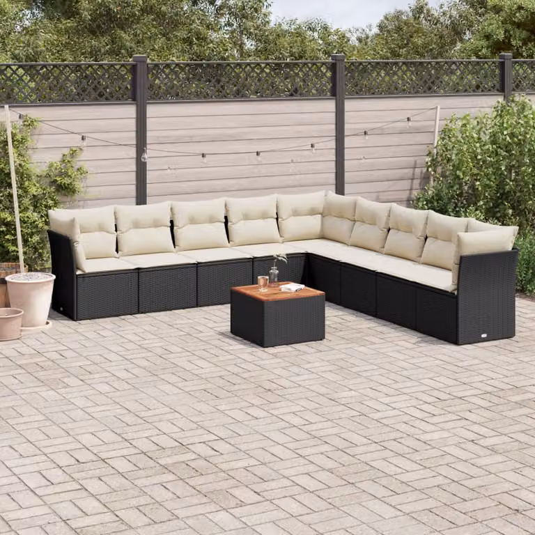 Set di Divani da Giardino vidaXL a Forma di L con Cuscini e Tavolino da Caffè in Polyrattan Nero e Struttura in Acciaio