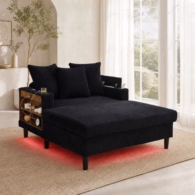 Chaise longue 129x170x70 cm con luce LED multicolore; vano portaoggetti e porta USB in velluto a coste nero