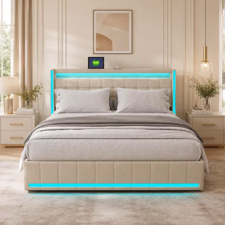 Letto matrimoniale INONEFT con contenitore, dimensioni 160x200 cm, imbottito con 4 cassetti, letto per ragazzi con luci LED, prese USB e Type-C, completo di rete a doghe, rivestito in lino beige