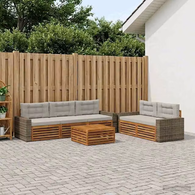 Set di mobili da giardino vidaXL composto da 6 pezzi con divano a L, tavolino da caffè e cuscini in tessuto, struttura in legno di acacia e colori beige e grigio – 1