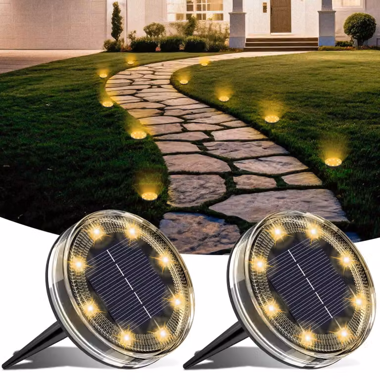 2 luci solari da giardino, grado di protezione IP68, impermeabili, luce bianca calda, altezza 8,5 cm, materiale: plastica