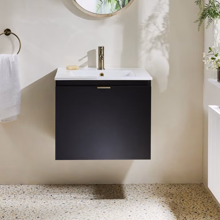 Mobile Bagno Grigio Nero Sospeso da 600mm con Lavabo e Maniglia con Impugnatura a Dito in Ottone Spazzolato - Cluo