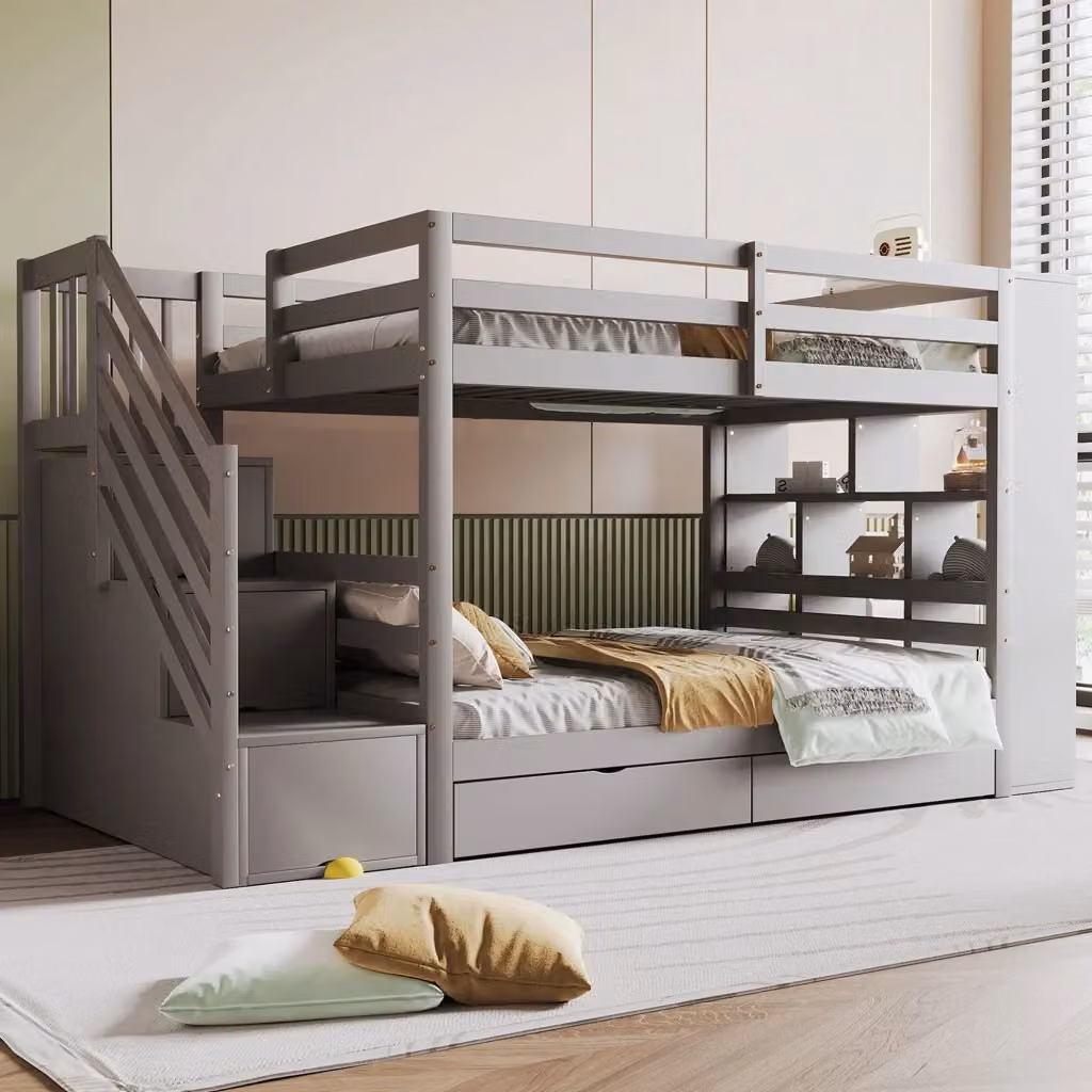 Letto a castello modulare WISHDOR per bambini in legno di pino e materiali misti con scala portaoggetti, cassetti e vani contenitore, grigio/bianco, L/P/H: 200 x 90 x 160 cm – 2