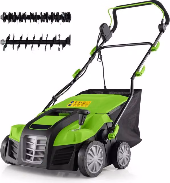 Scarificatore elettrico pieghevole verde e nero con sacco da 55 l, H x L x P: 113 x 109 x 64 cm