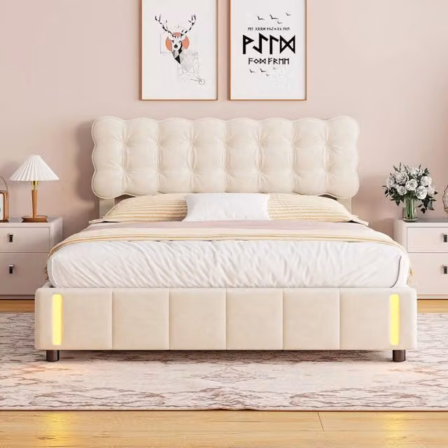 Letto imbottito da 140 x 190 cm;letto matrimoniale a LED;letto ad apertura idraulica con contenitore;letto matrimoniale imbottito;velluto beige
