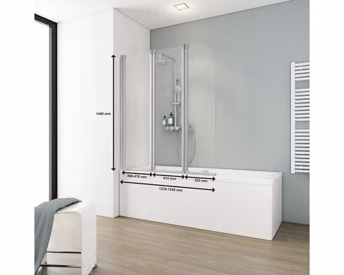 SCHULTE, accessorio per vasca da bagno, 3 pezzi, modello Comfort, dimensioni 125 x 140 cm, vetro trasparente, profilo color alluminio, codice prodotto D1654 01 50 140