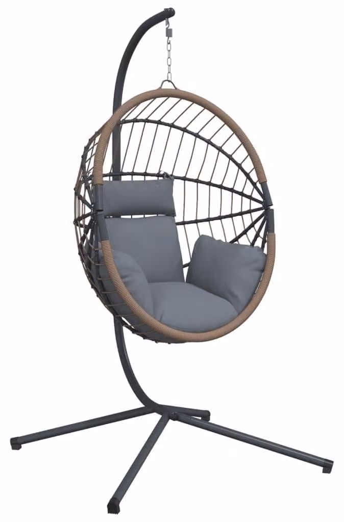 Sedia a dondolo a forma di cocco, color grigio chiaro, realizzata in rattan - Con supporto - Lunghezza 104 cm - Larghezza 100 cm