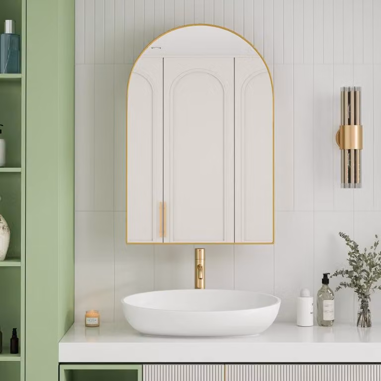 Specchio da bagno moderno a forma di arco, mobile contenitore con ripiano, metallo dorato, 91x61x12 cm