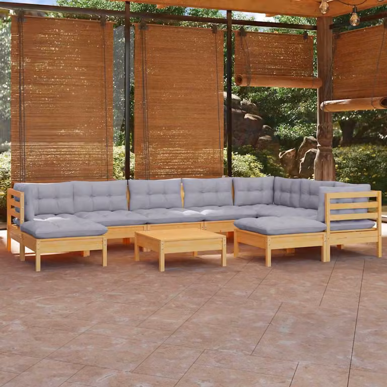 Set di divani da giardino vidaXL in legno massello di pino con cuscini grigi, composizione modulare a forma di L con elementi angolari e pouf, stile moderno