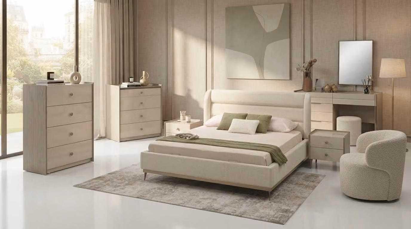 Set per camera da letto beige, moderno e composto da letto, tavolo da trucco e comodini