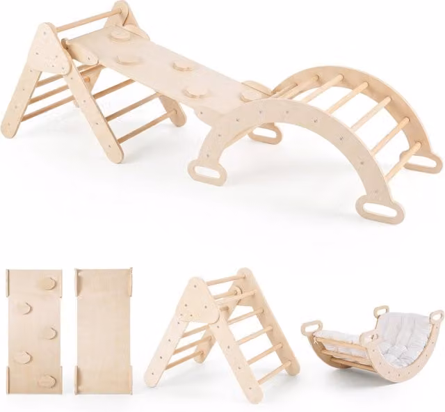 Set di arrampicata Montessori in legno con scala a triangolo pieghevole, arco e cuscino rimovibile, colori bianco e marrone per bambini dai 1 anni in su