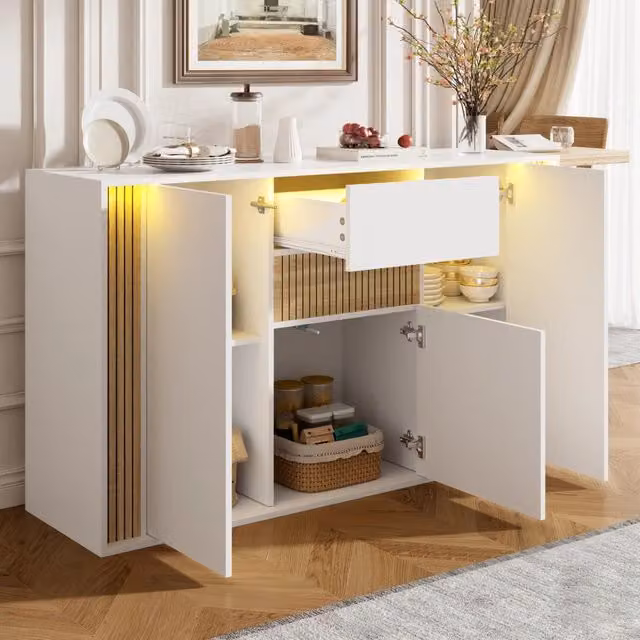 Credenza per soggiorno con 3 ante 1 cassetto LED regolabile in pannello di particelle bianco naturale 140 × 40 × 82 cm