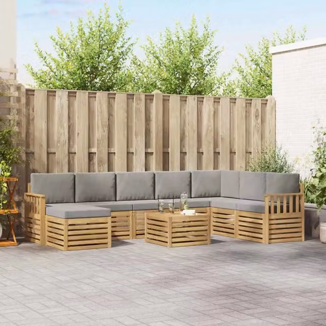 Set di divani da esterno a L vidaXL in legno di acacia con tavolino e pouf, Bianco e Grigio – 1