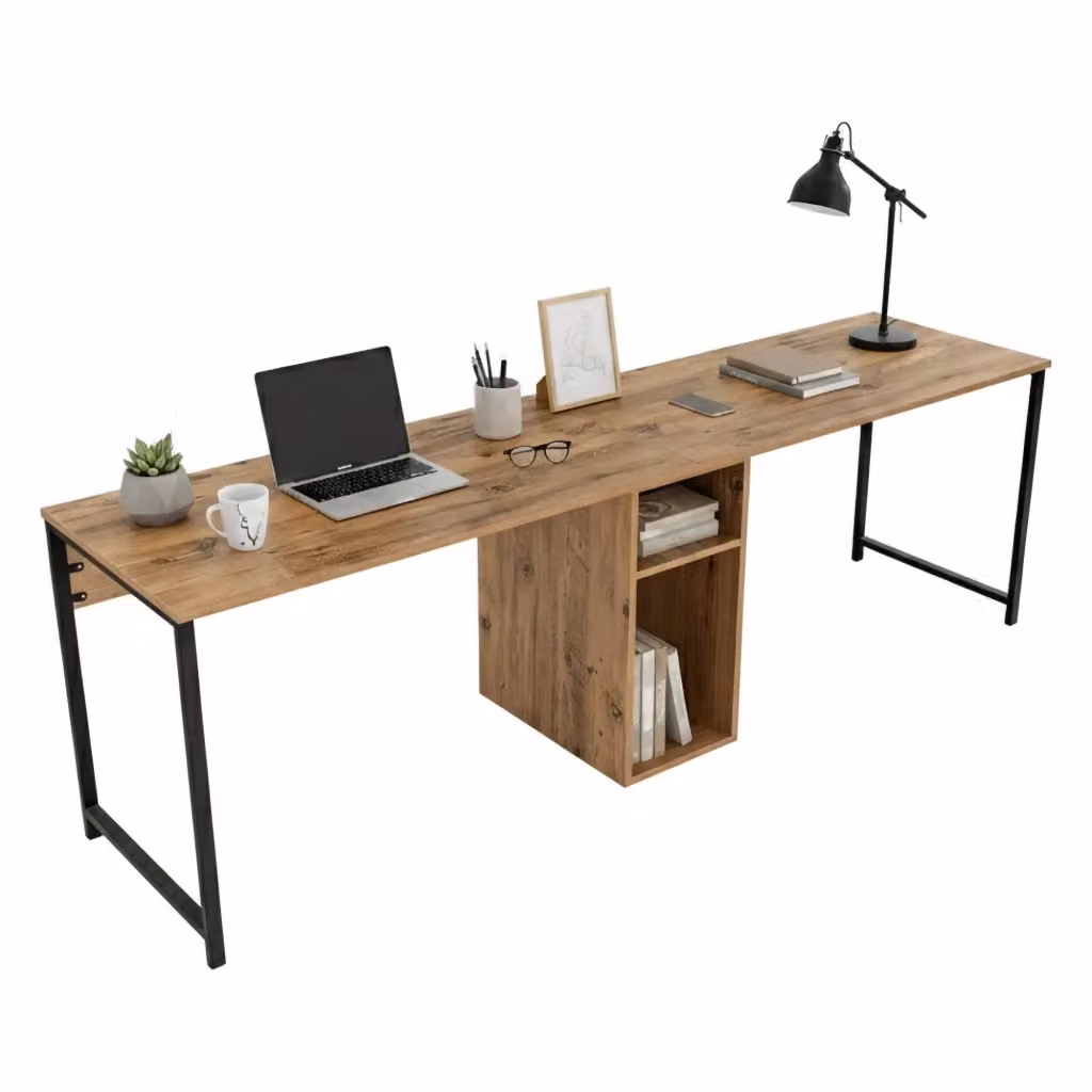 Scrivania DMORA moderna per ufficio e computer, piano in legno di pino e metallo, L 240 x P 60 x H 74 cm, Nero e Marrone – 2