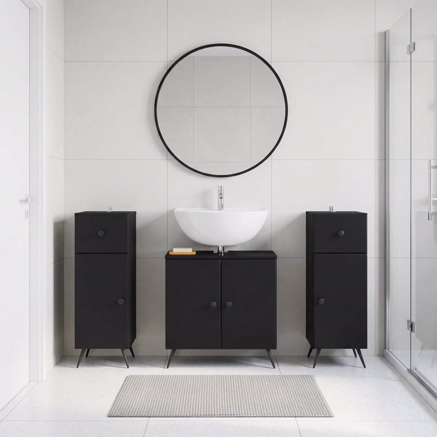 Set di mobili da bagno vidaXL BREDA in 3 pezzi nero opaco con mobile lavabo e armadietti laterali