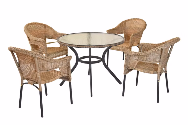 Set di mobili da giardino Merxx Ravenna 5 pezzi, 4 sedie impilabili, tavolo Ø 100 cm, naturale - alluminio/polyrattan