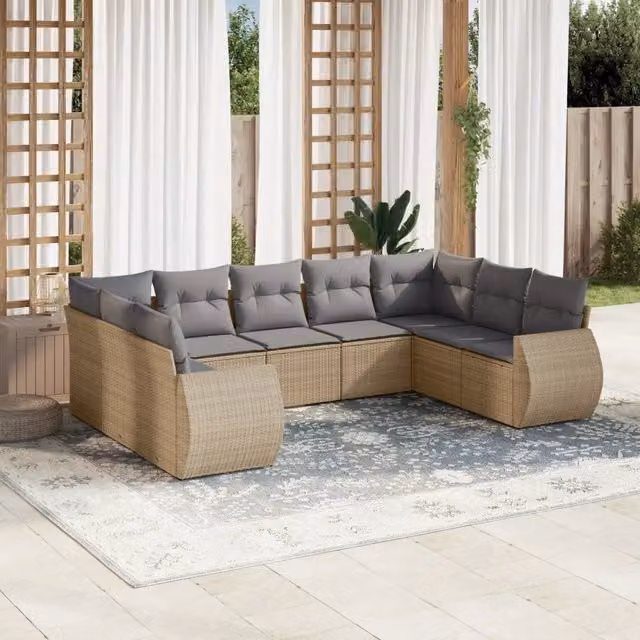 Set Divano da Giardino VIDAXL in Polyrattan con Cuscini Beige, 9 Pezzi