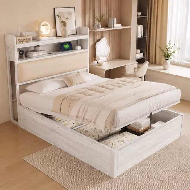 Letto REDOM con contenitore a sollevamento, testiera imbottita in tessuto e porta di ricarica USB, Bianco, L/P: 90 x 200 cm