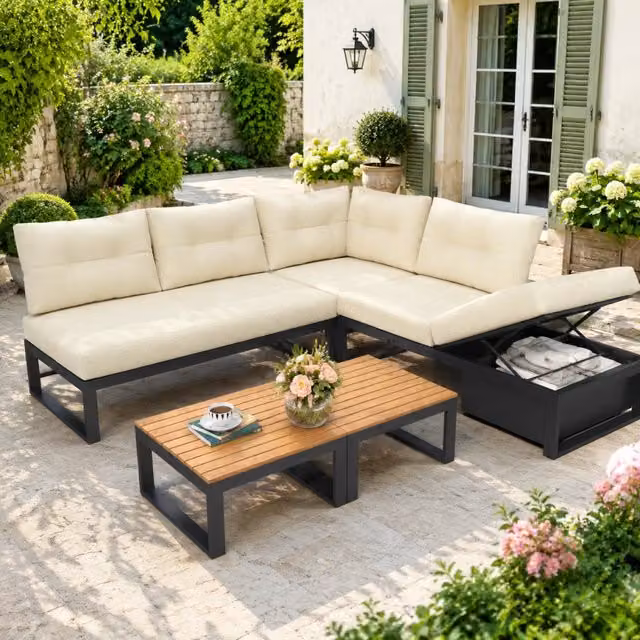 Set mobili da giardino beige, schienale regolabile 3 livelli, funzione lettino, cuscini spessi, vano portaoggetti, rivestimento in poliestere resistente alle intemperie