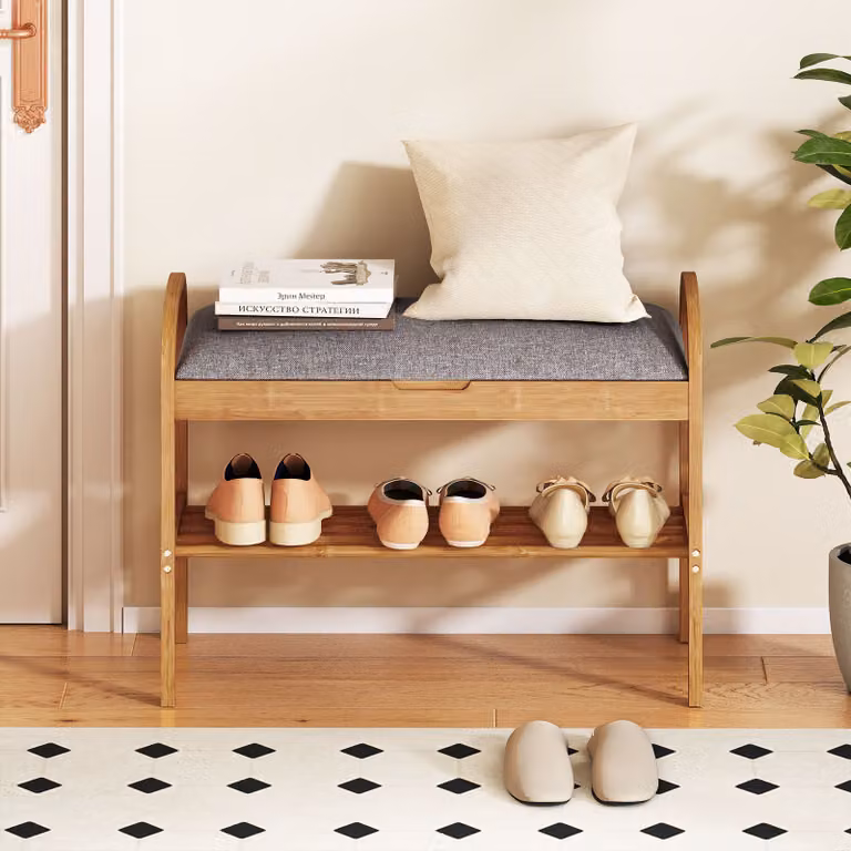 Panca porta scarpe Costway in bambù con contenitore e 2 livelli, organizzatore compatto con cuscino grigio per ingresso e corridoio, L 70 x P 31,5 x H 51 cm