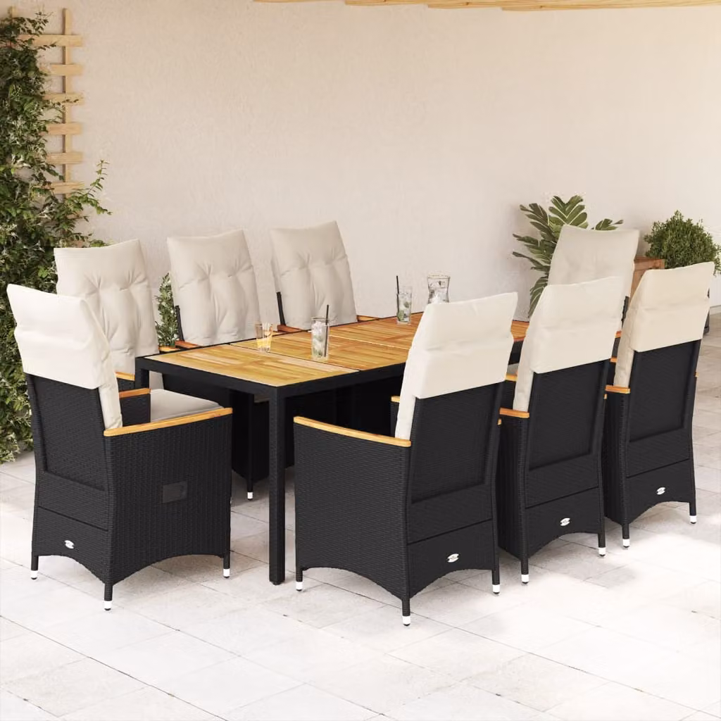 vidaXL Set da Pranzo da Giardino 9 pz in Polyrattan e Legno di Acacia con Cuscini Nero e Bianco – 1