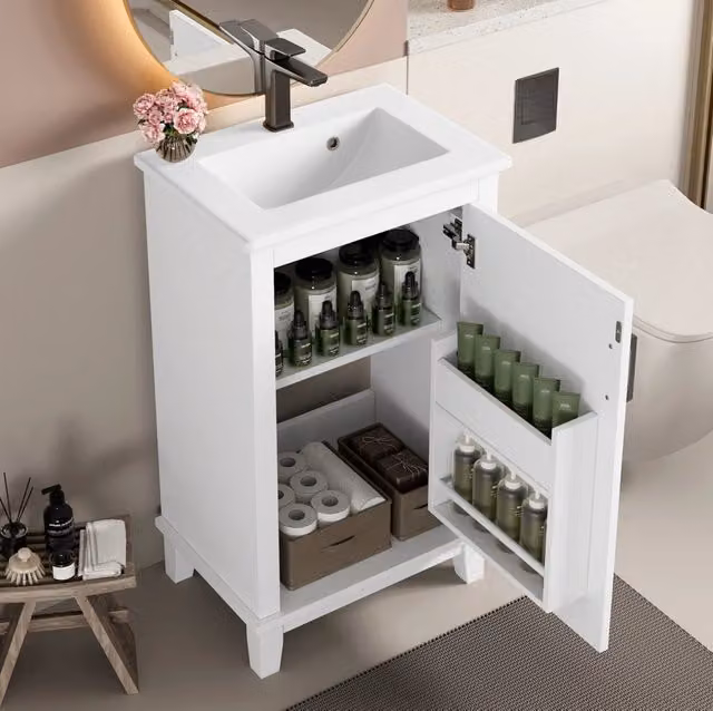 Mobile bagno in MDF bianco 51x34x83 cm con lavabo in ceramica integrato e scaffali regolabili