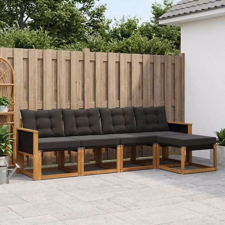 vidaXL Set di divani da esterno a L composto da 5 pezzi in legno di acacia e textilene, colore marrone e nero, con cuscini e pouf inclusi