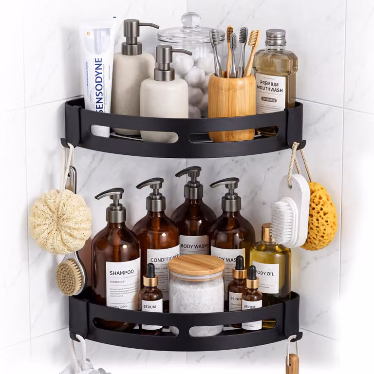 Set di 2 mensole angolari, in alluminio, 19x26x3 cm, colore nero, per bagno e cucina